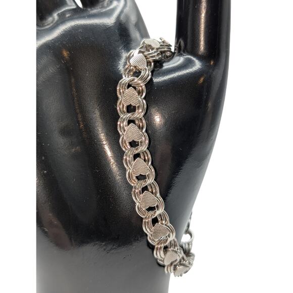 Vintage Mid Century Sterling Silver Double Link Textured Heart Charm Bracelet - Picture 1 of 8